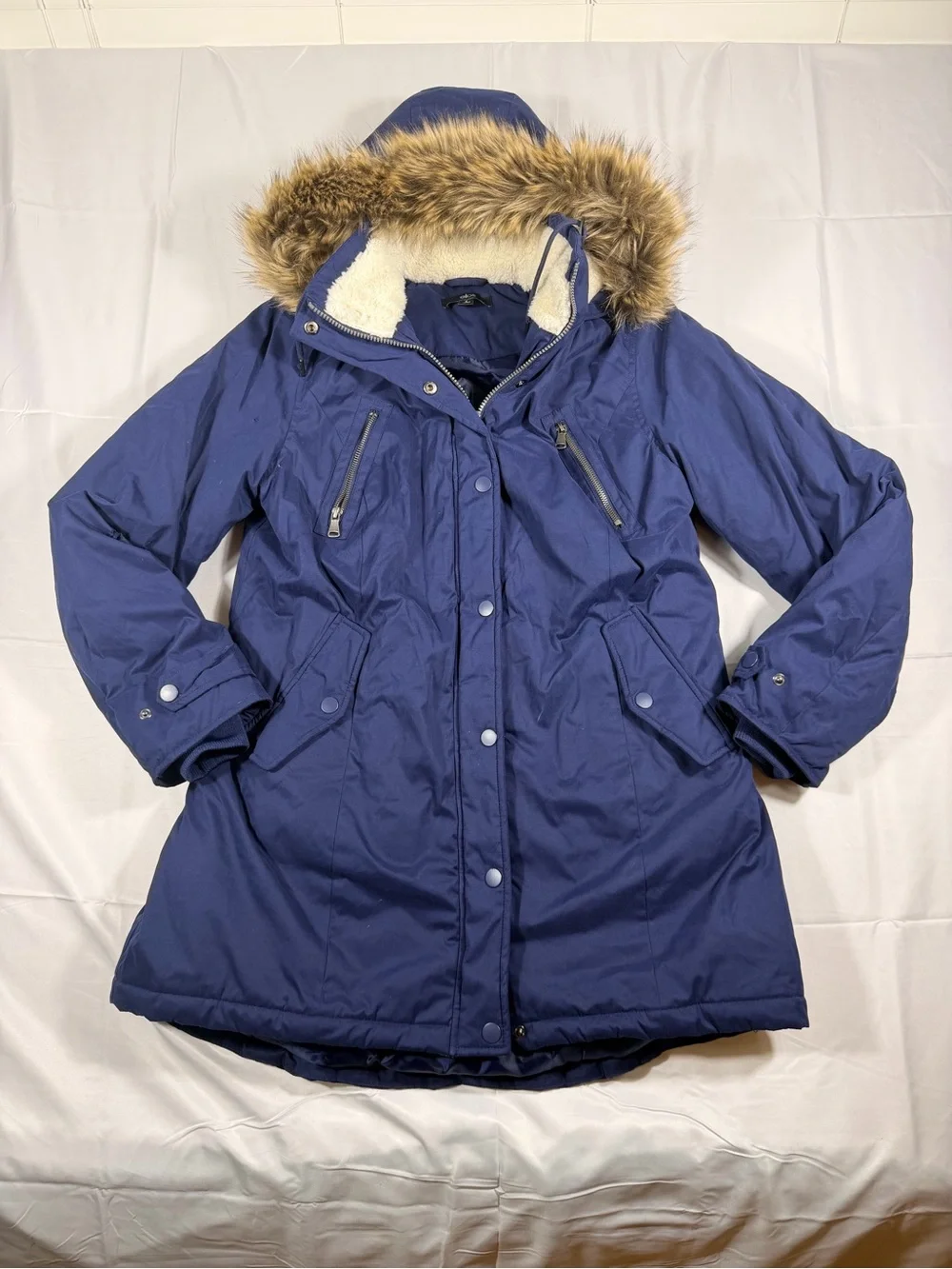 Ellos Women's Navy Parka Coat with Faux Fur Trim